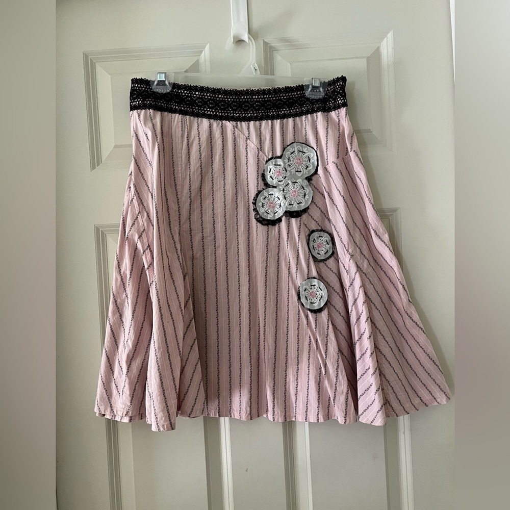 Vintage Free People A-Line flare skirt pink & white pinstripe lace detail size 4